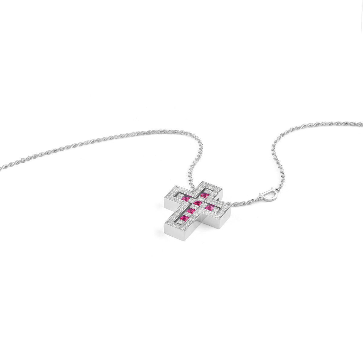 Damiani Belle Epoque Cross 20073459, An 18k white gold cross pendant set with diamonds and rubies