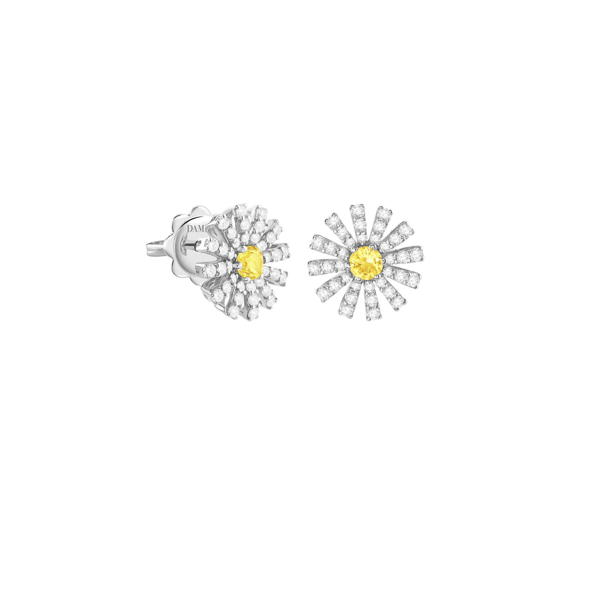 Damiani Earrings 20114974, A pair of 18k white gold earrings set with diamonds and a yellow sapphire
