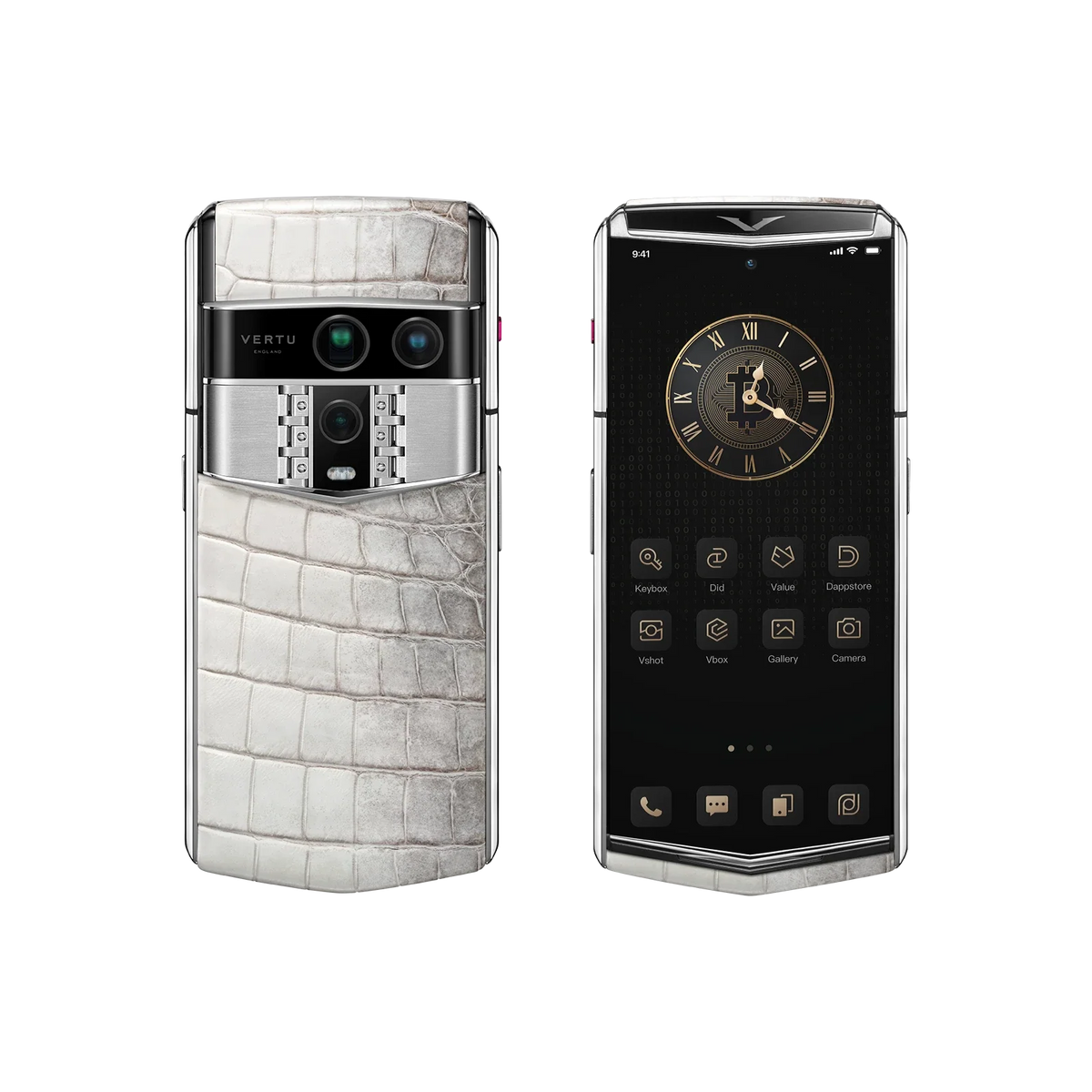 VERTU AGENT Q PHONE BESPOKE HIMALAYA CLASSIC ALLIGATOR SKIN, back panel with the screen alongside, alligator leather and gold