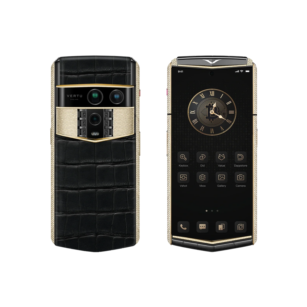 VERTU AGENT Q PHONE BESPOKE IRON BLACK GOLD & FULL DIAMOND ALLIGATOR SKIN, closed, seen from the front
