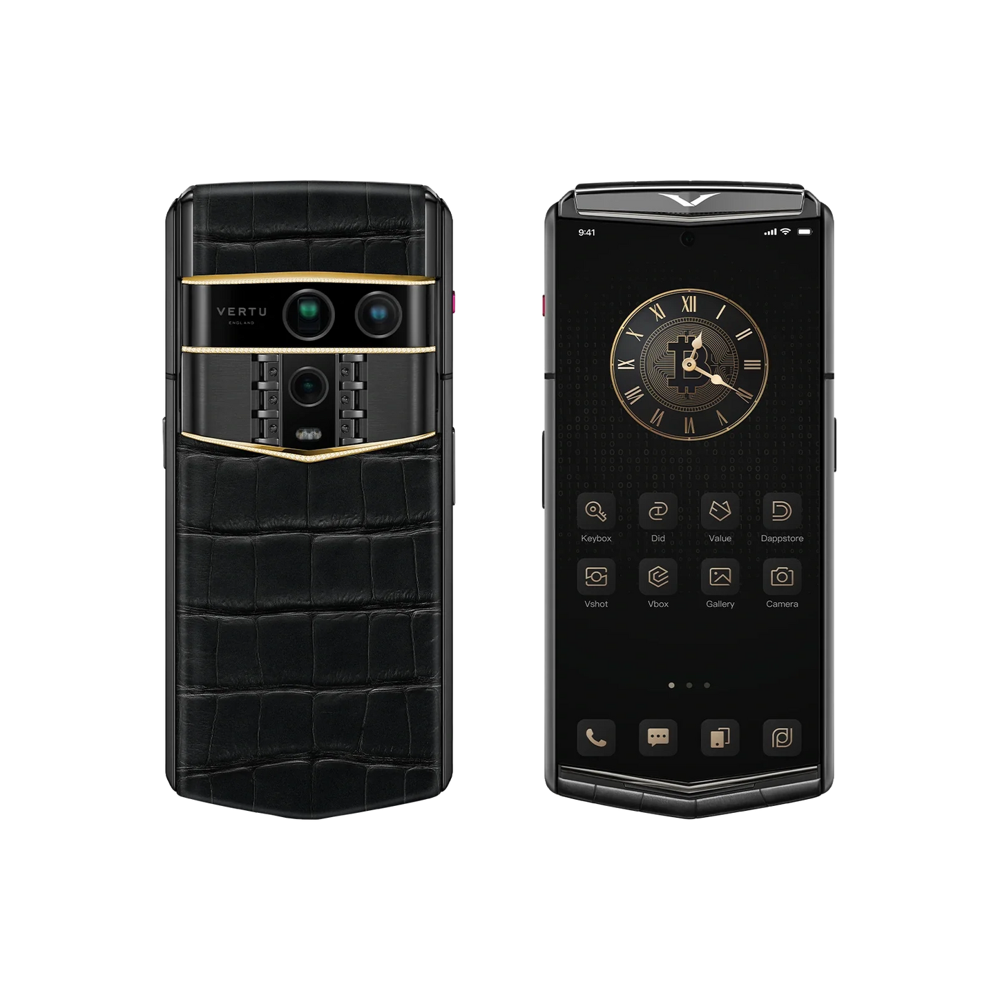 VERTU AGENT Q PHONE BESPOKE IRON BLACK GOLD III & DIAMOND ALLIGATOR SKIN, front and back