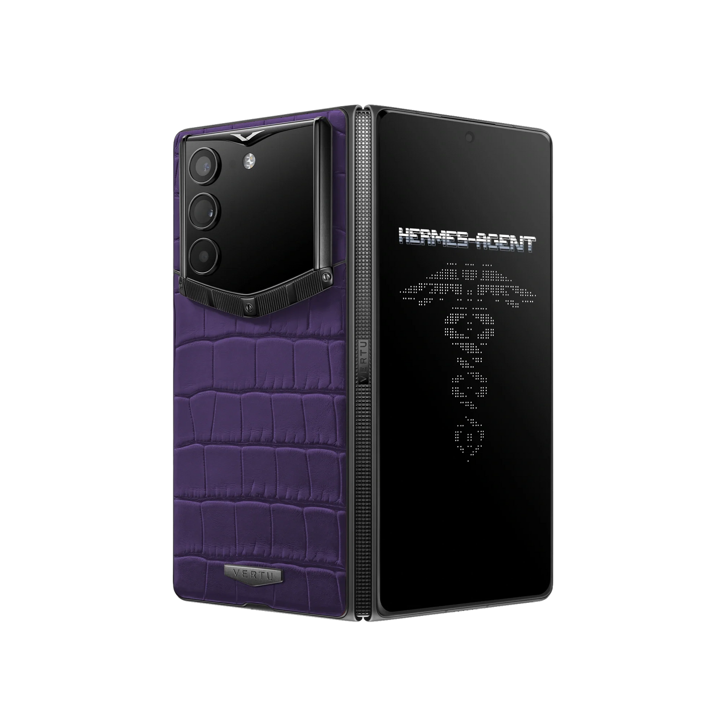 VERTU ALPHAFOLD Grape Purple alligator skin phone folded and standing upright from behind