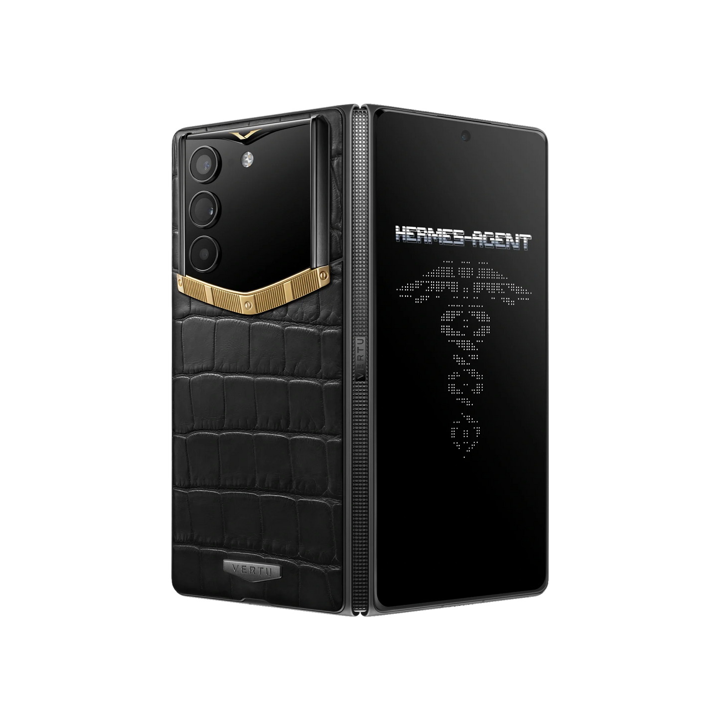 VERTU ALPHAFOLD Bespoke Gold I phone in solid 18K gold and alligator leather, folded upright