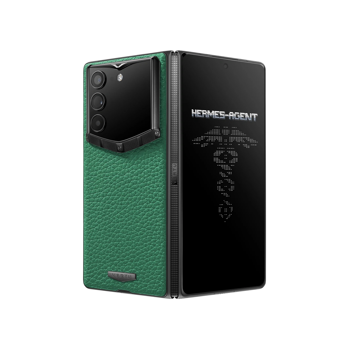 VERTU ALPHAFOLD Bamboo Green grained calfskin phone folded and standing upright from behind