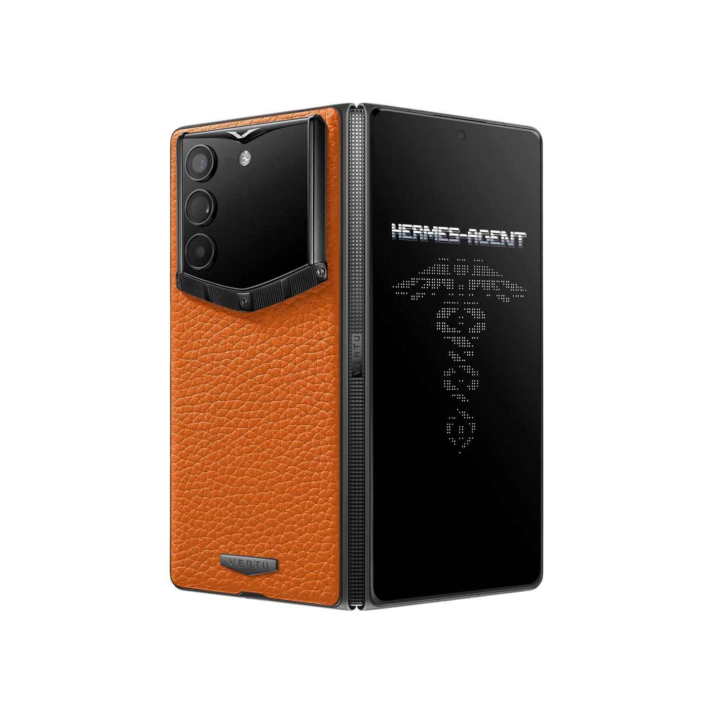 VERTU ALPHAFOLD Radiant Phoenix grained calfskin phone folded and standing upright from behind