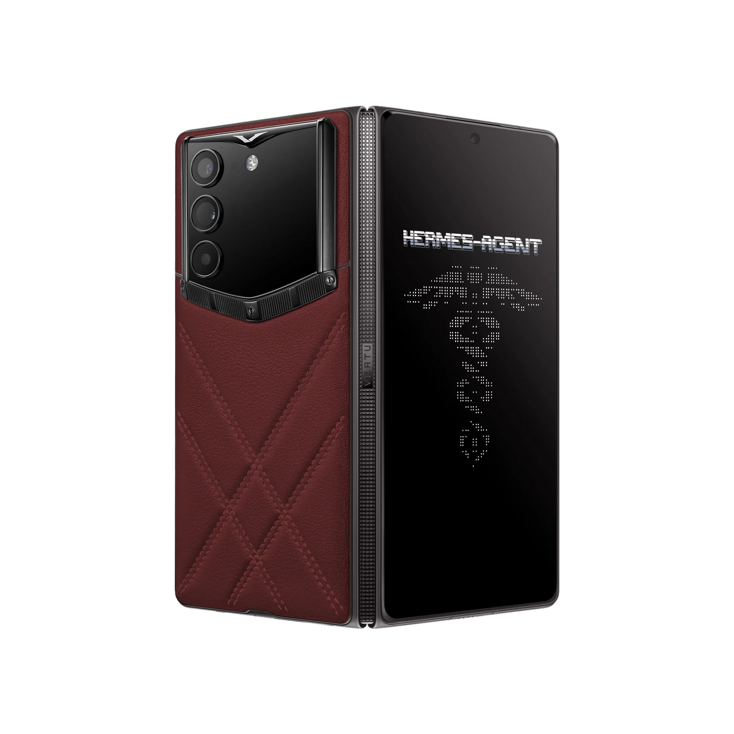 VERTU ALPHAFOLD Red & Brown stitched calfskin phone folded and standing upright from behind