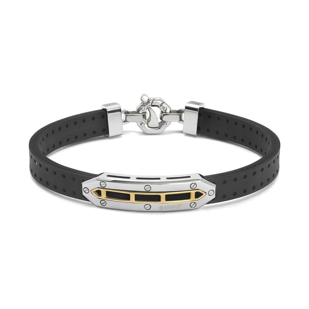 Baraka Vortex Bracelet BR373701GILU, a men's bracelet in rubber, stainless steel and 18-karat yellow gold with a white diamond