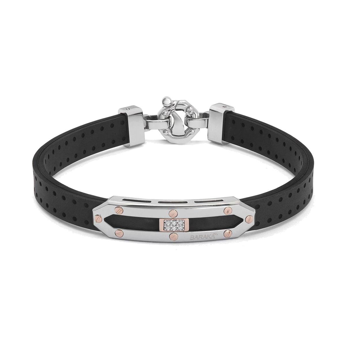 Baraka Vortex Bracelet BR373721RODB, a men's bracelet in rubber, stainless steel and 18-karat rose gold with white diamonds
