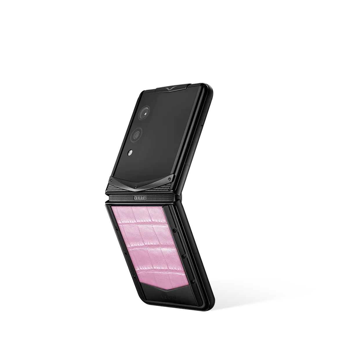 VERTU QUANTUM FLIP PHONE SAKURA PINK ALLIGATOR SKIN, alligator leather case, seen from above
