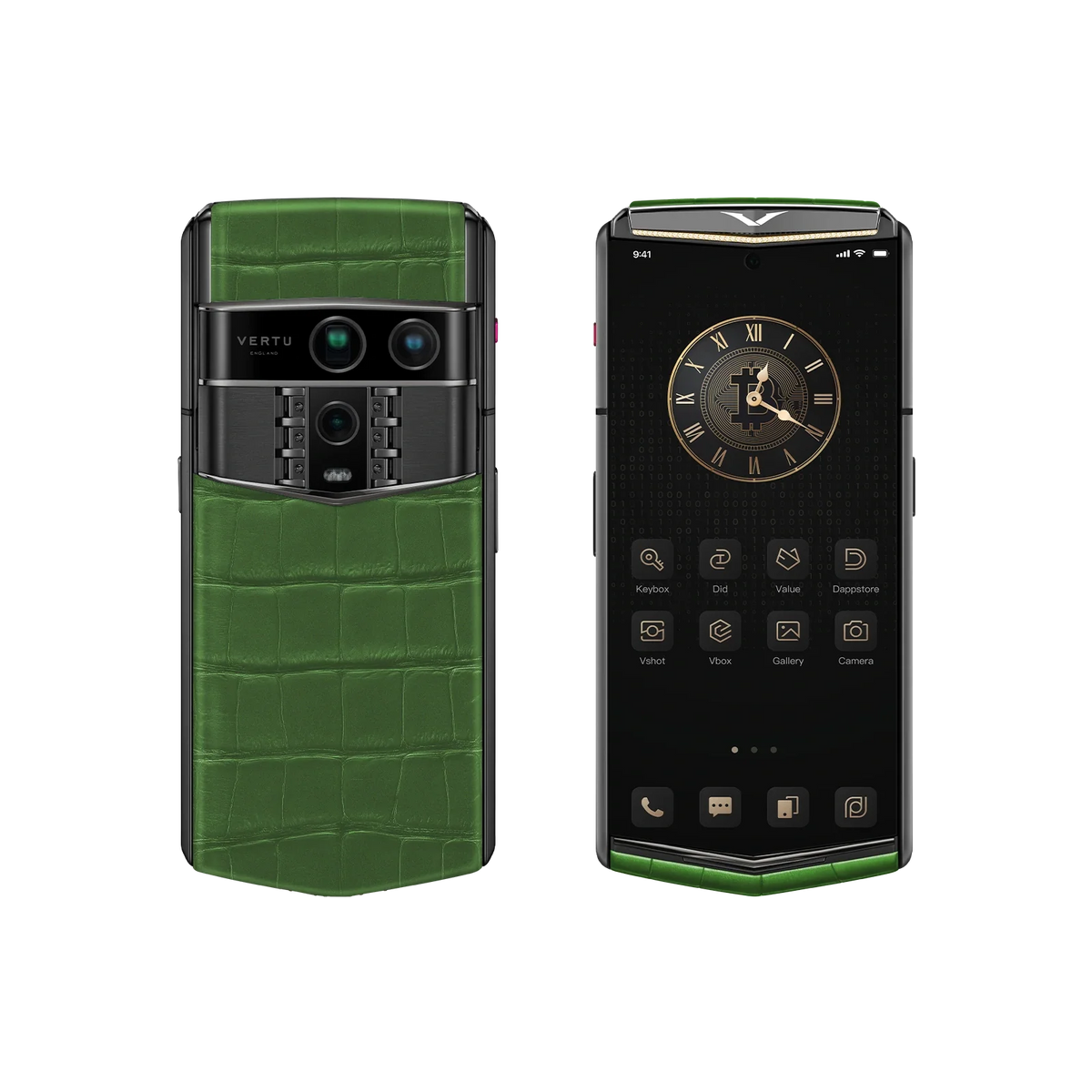 VERTU AGENT Q PHONE BESPOKE BAMBOO GREEN GOLD I & DIAMOND ALLIGATOR SKIN, open, showing the inner screen