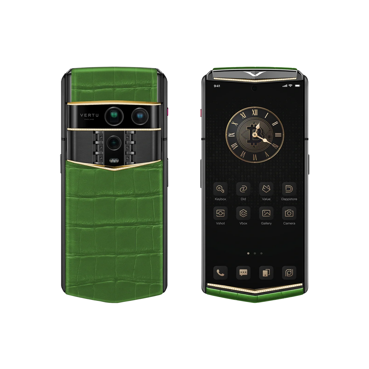VERTU AGENT Q PHONE BESPOKE BAMBOO GREEN GOLD V & DIAMOND ALLIGATOR SKIN, close-up of the case