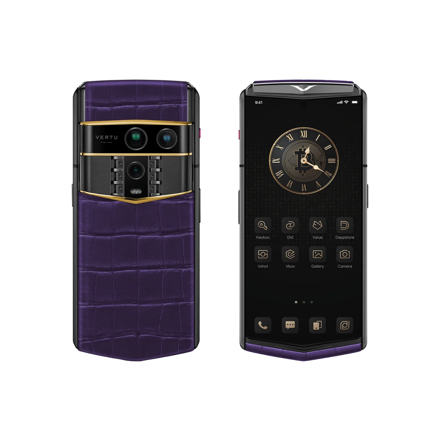 VERTU AGENT Q PHONE BESPOKE GRAPE PURPLE GOLD III ALLIGATOR SKIN, side profile with the hinge, alligator leather and gold