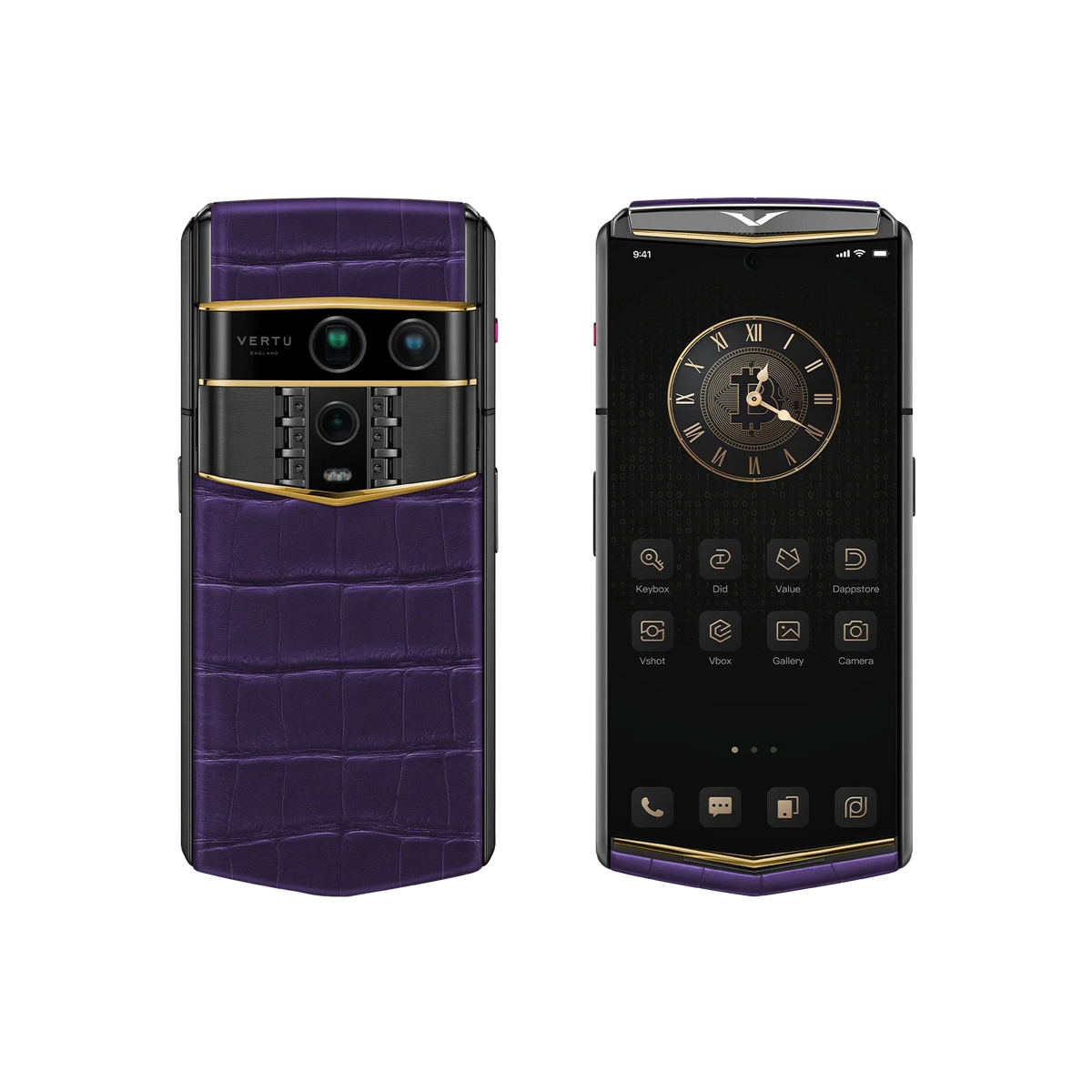 VERTU AGENT Q PHONE BESPOKE GRAPE PURPLE GOLD V ALLIGATOR SKIN with alligator leather and gold, close-up of the case