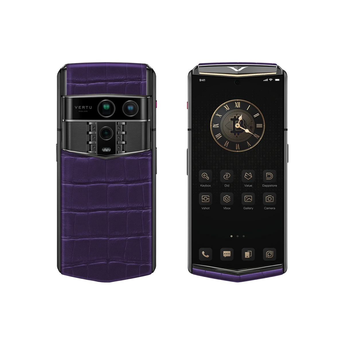 VERTU AGENT Q PHONE BESPOKE GRAPE PURPLE GOLD I & DIAMOND ALLIGATOR SKIN, seen from above