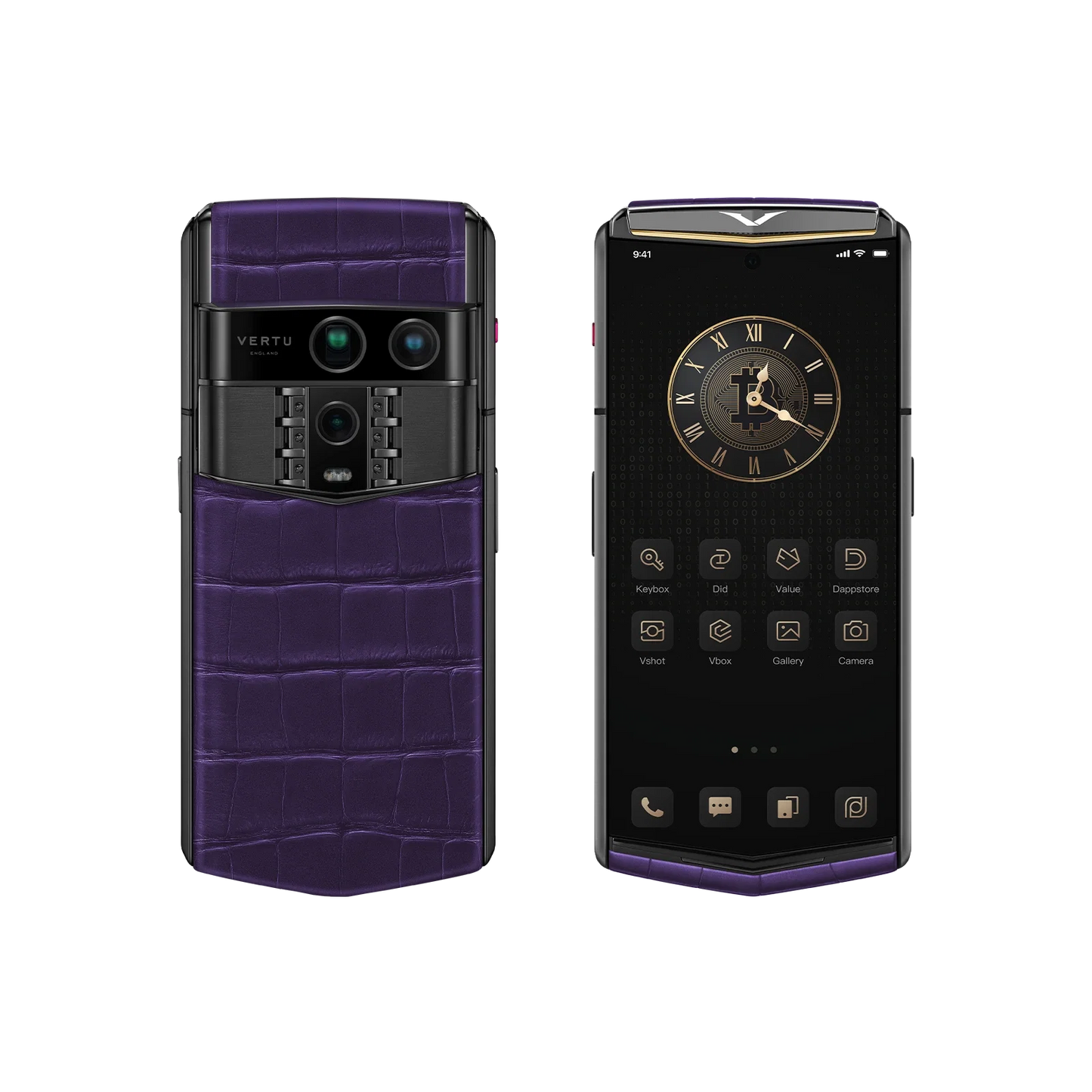VERTU AGENT Q PHONE BESPOKE GRAPE PURPLE GOLD I ALLIGATOR SKIN, open, showing the inner screen, alligator leather and gold