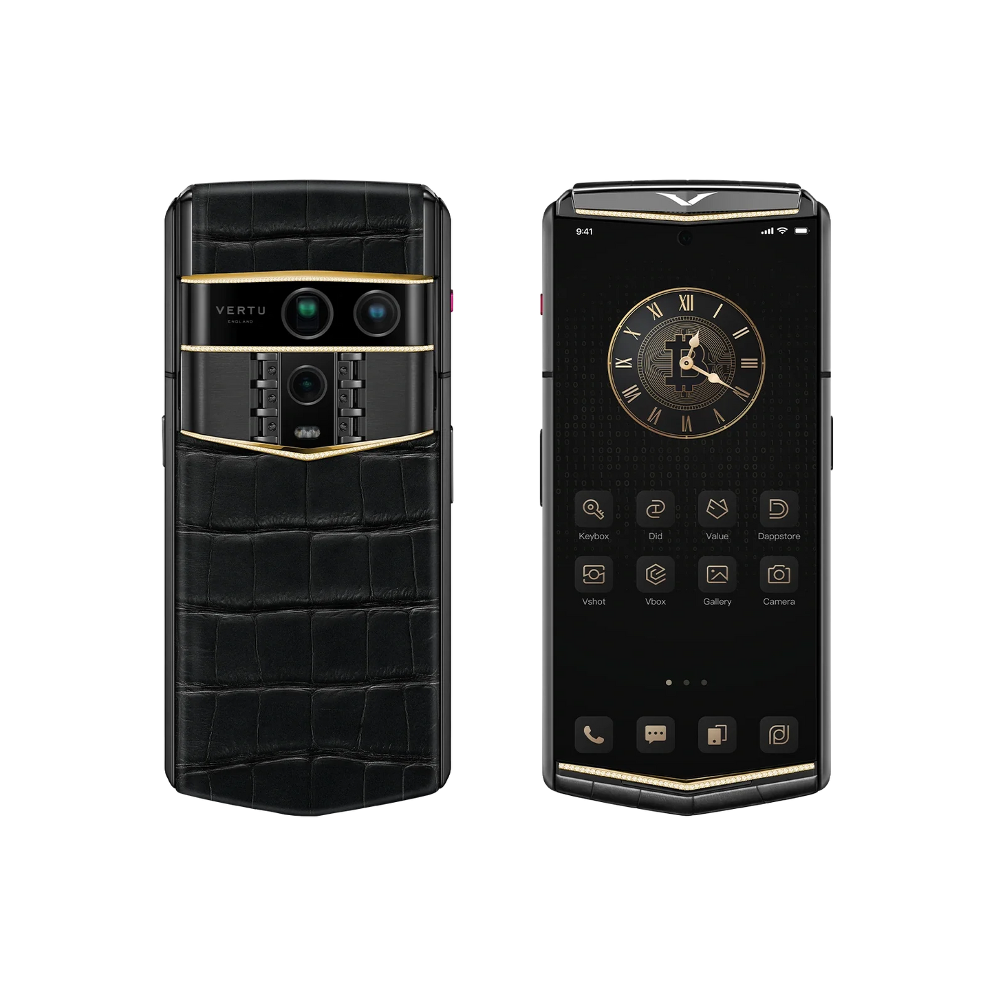 VERTU AGENT Q PHONE BESPOKE IRON BLACK GOLD V & DIAMOND ALLIGATOR SKIN, rear panel and screen