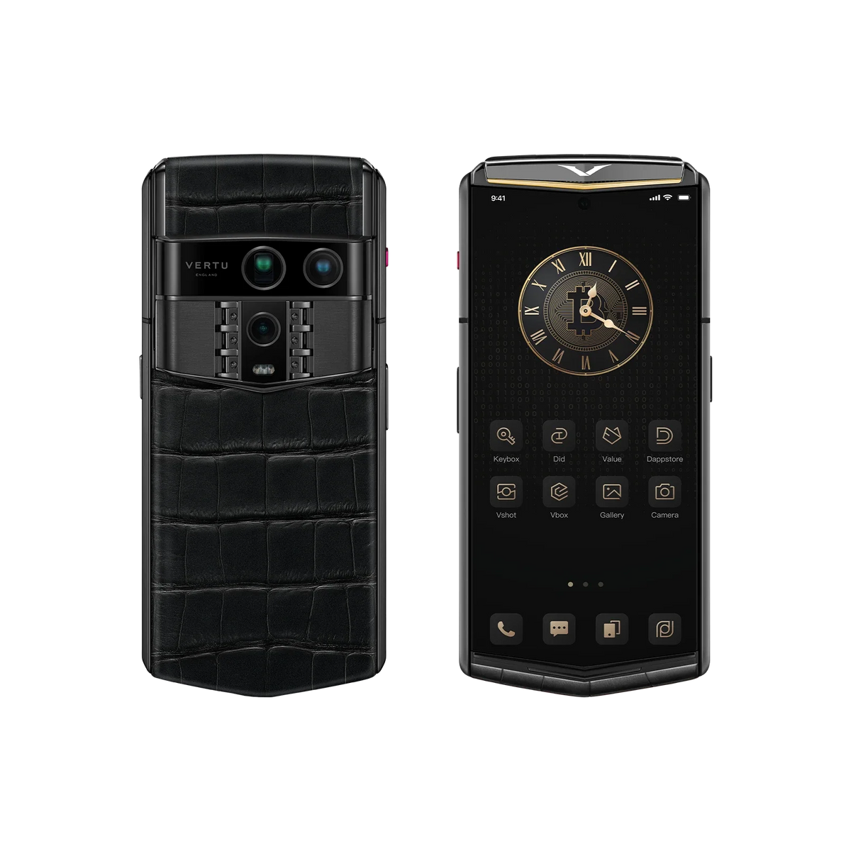 VERTU AGENT Q PHONE BESPOKE IRON BLACK GOLD I ALLIGATOR SKIN with alligator leather and gold, seen from above