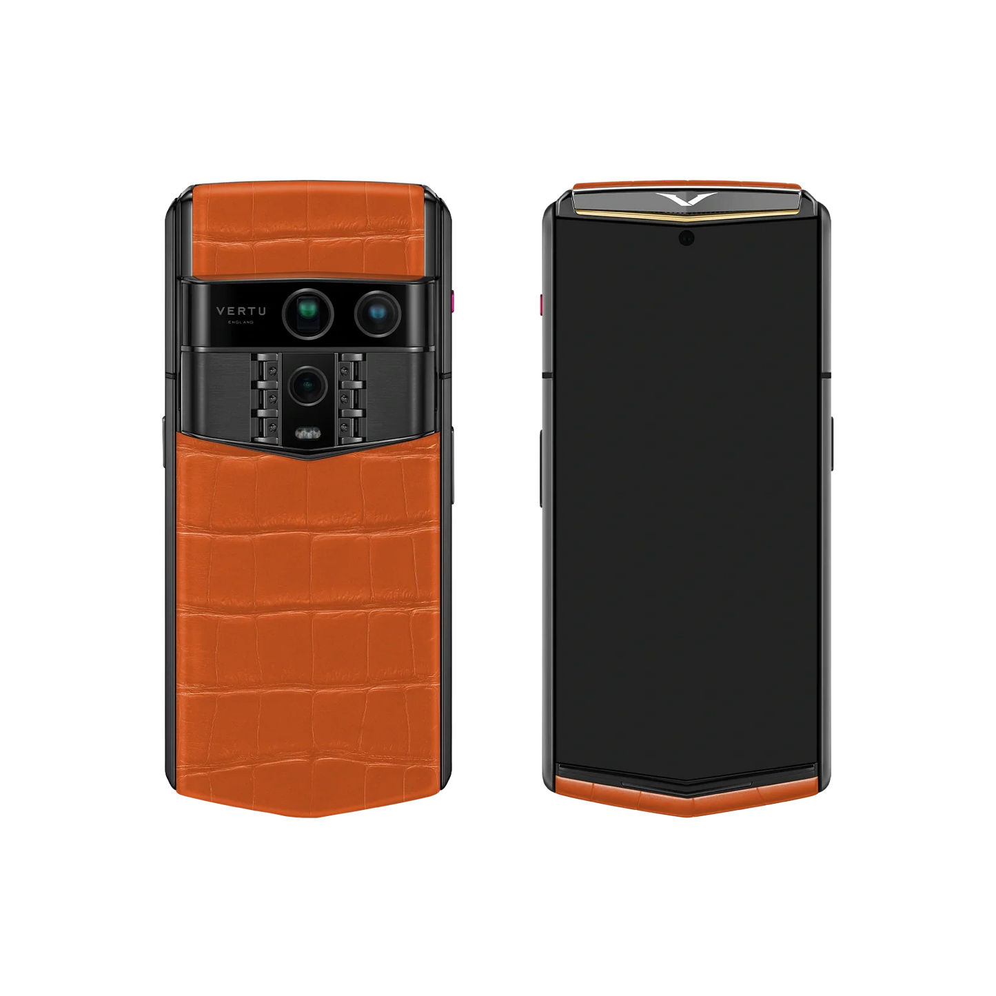 VERTU AGENT Q PHONE BESPOKE RADIANT PHOENIX GOLD I ALLIGATOR SKIN, close-up of the case with alligator leather and gold case