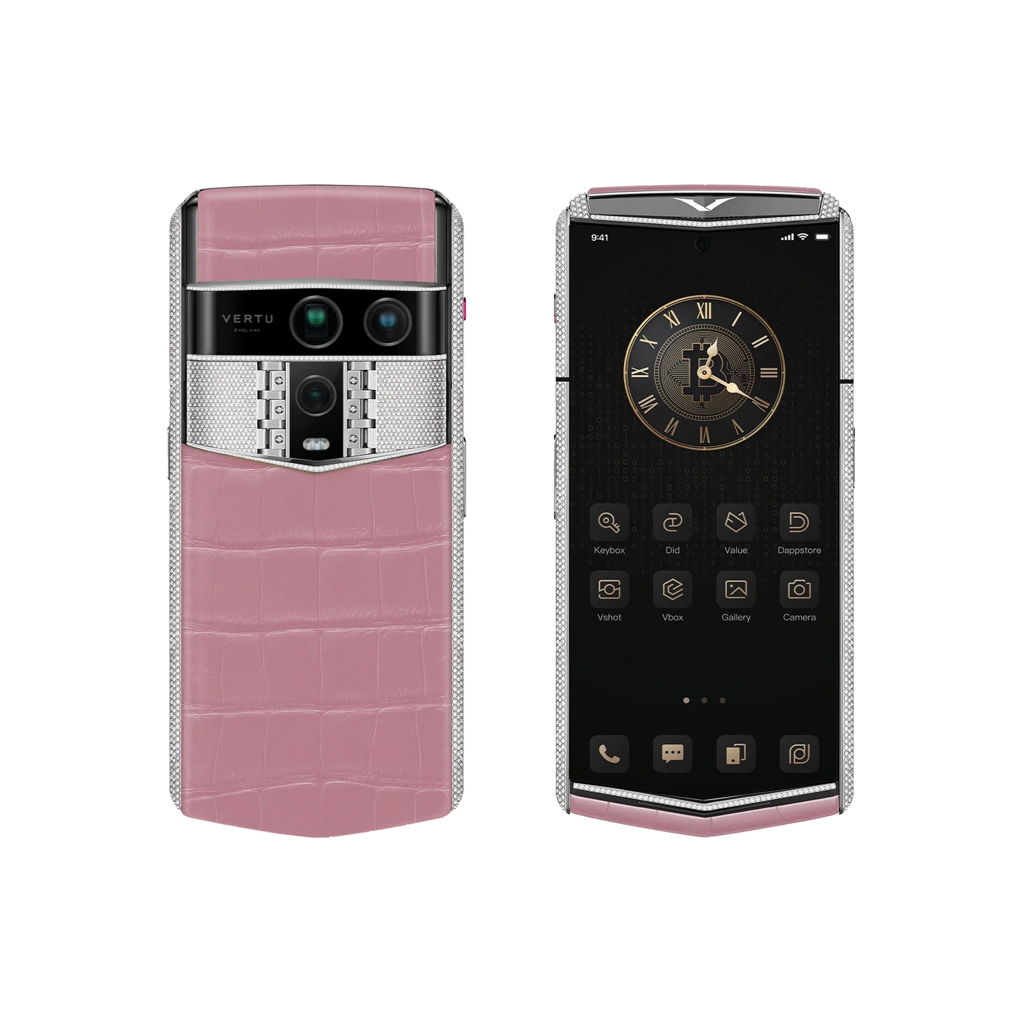 VERTU AGENT Q PHONE BESPOKE SAKURA PINK WHITE GOLD & FULL DIAMOND ALLIGATOR SKIN, open, showing the inner screen