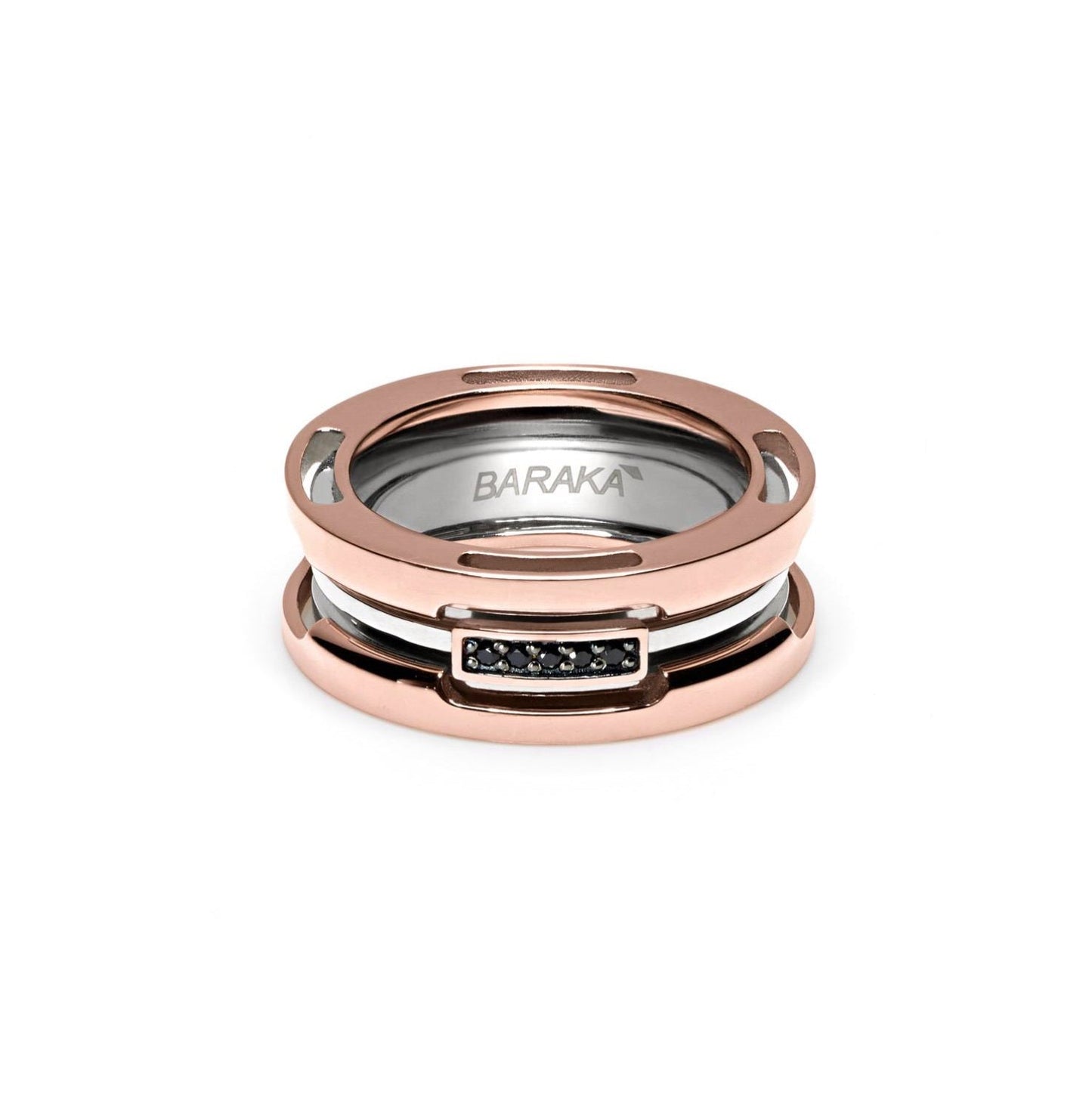 Baraka Explore Ring AN261111RODN-04, a men's ring in rose gold and stainless steel set with diamonds
