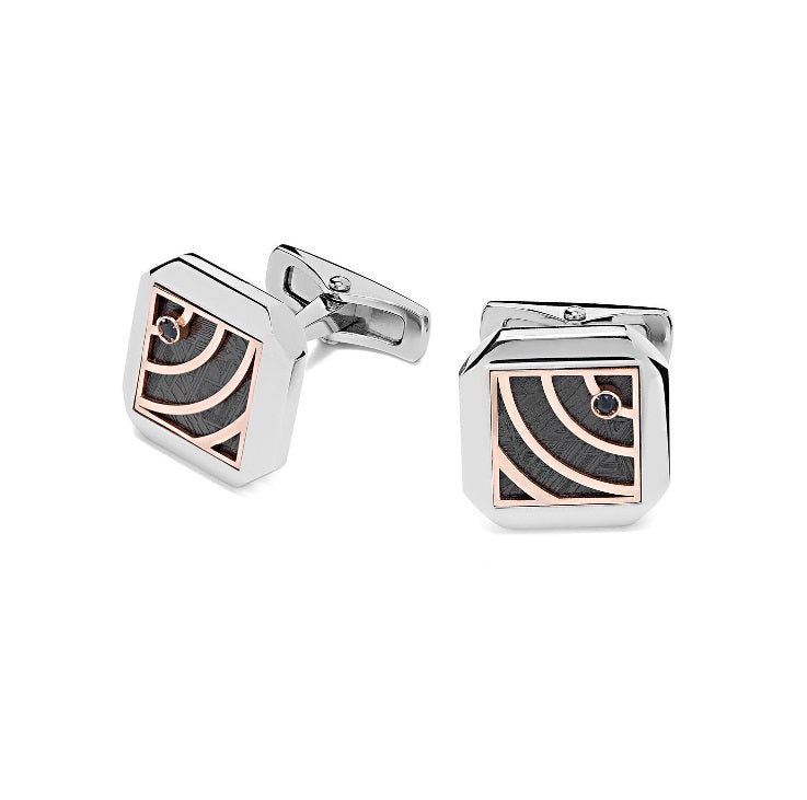 Baraka Cufflinks PS312001BRZA-06, a men's pair of cufflinks in rose and white gold and stainless steel set with meteorite