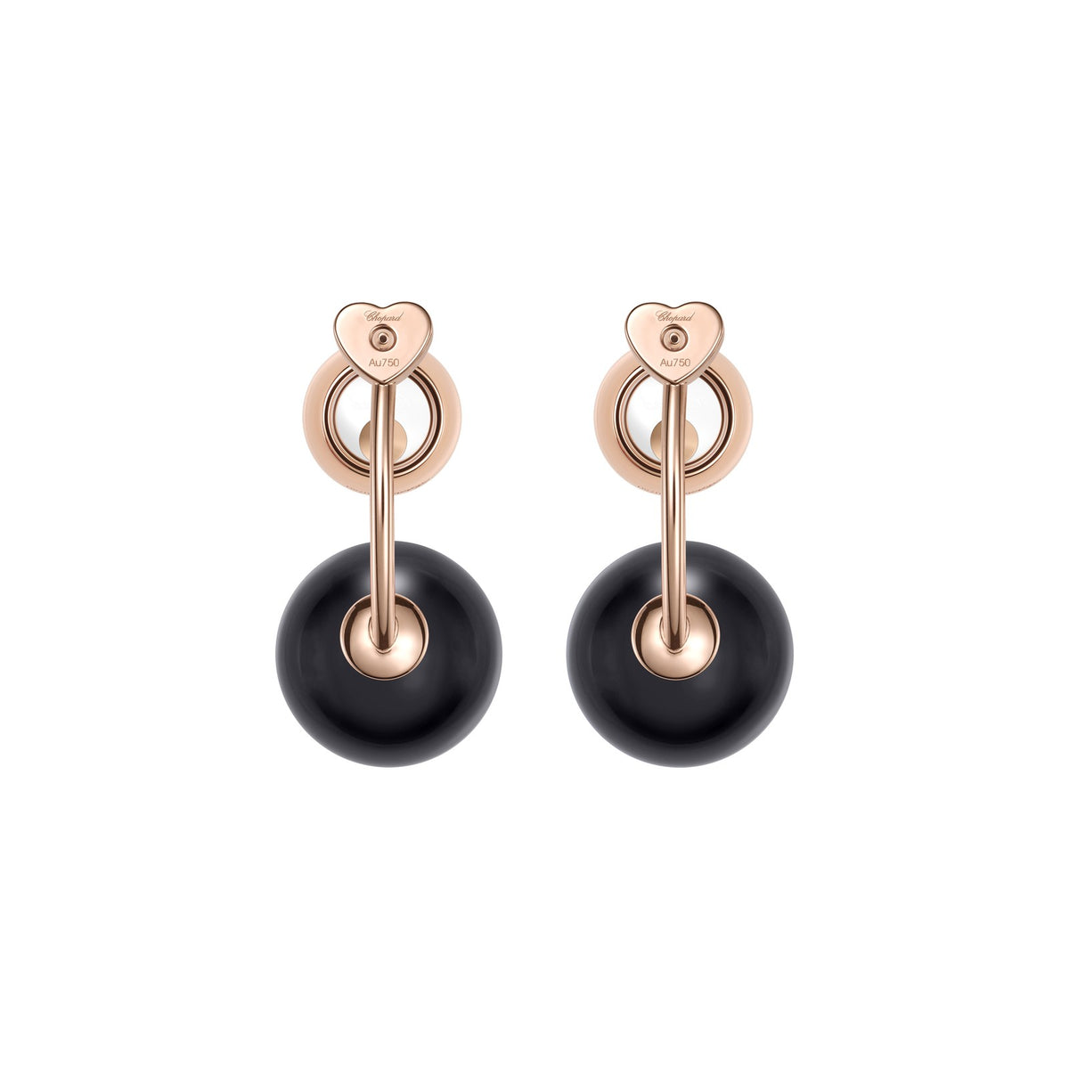 Chopard Happy Diamonds earrings in 18k ethical rose gold with diamonds and onyx view 4