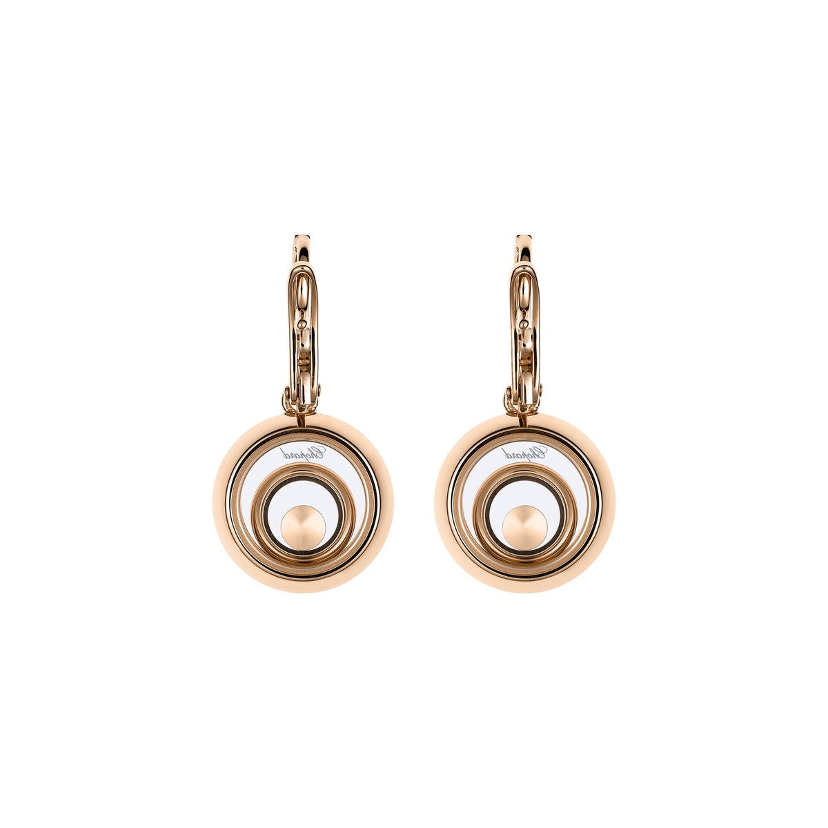 Chopard Happy Diamonds earrings in 18k ethical white and rose gold with moving diamonds view 5