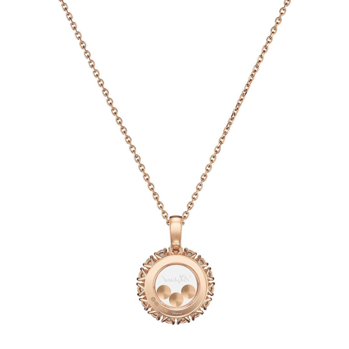 Chopard Happy Diamonds pendant in 18k ethical rose gold with moving diamonds, view 4