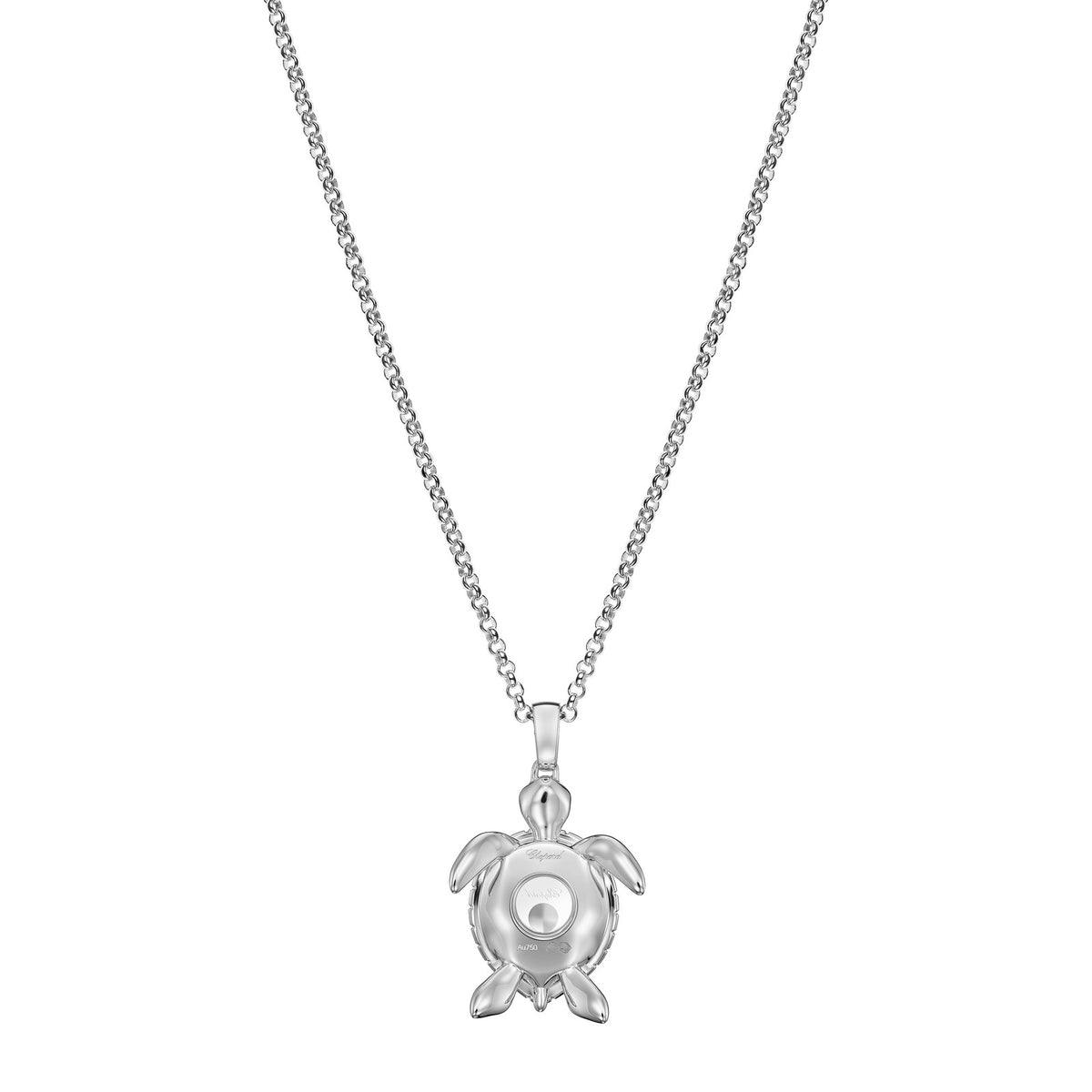 Chopard Happy Diamonds pendant in 18k ethical white gold with moving diamonds and sapphires, view 4