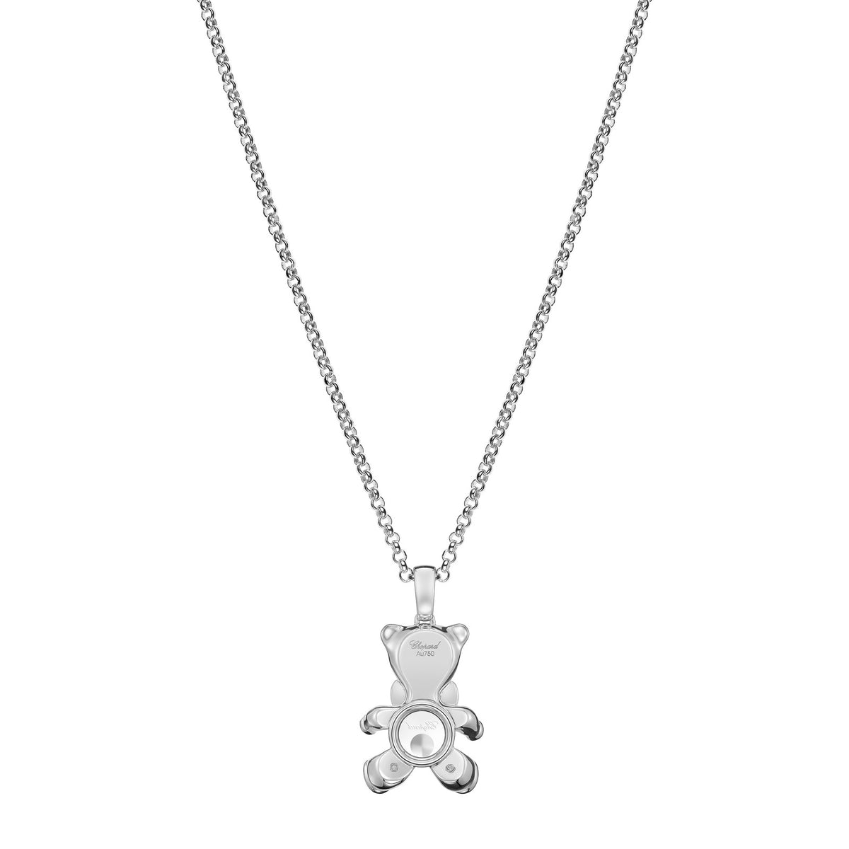 Chopard Happy Diamonds pendant in 18k ethical white gold with moving diamonds and rubies, view 4