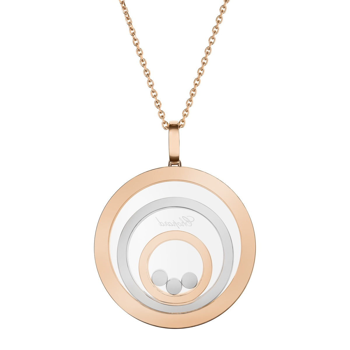 Chopard Happy Diamonds pendant in 18k ethical white and rose gold with moving diamonds view 4
