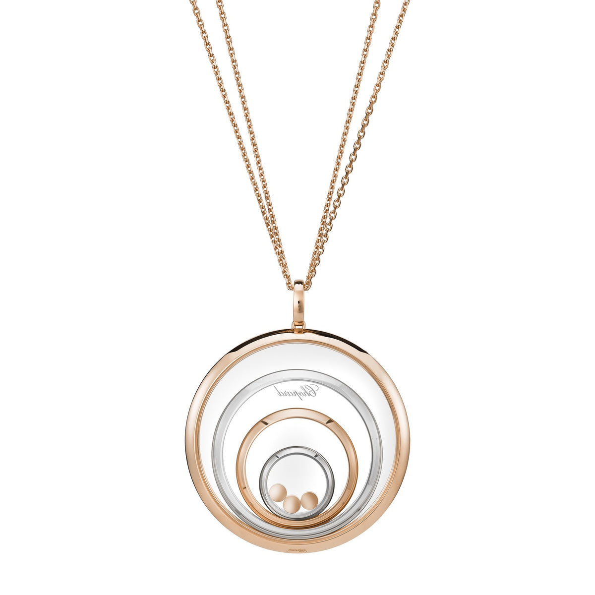 Chopard Happy Diamonds pendant in 18k ethical white and rose gold with moving diamonds view 4