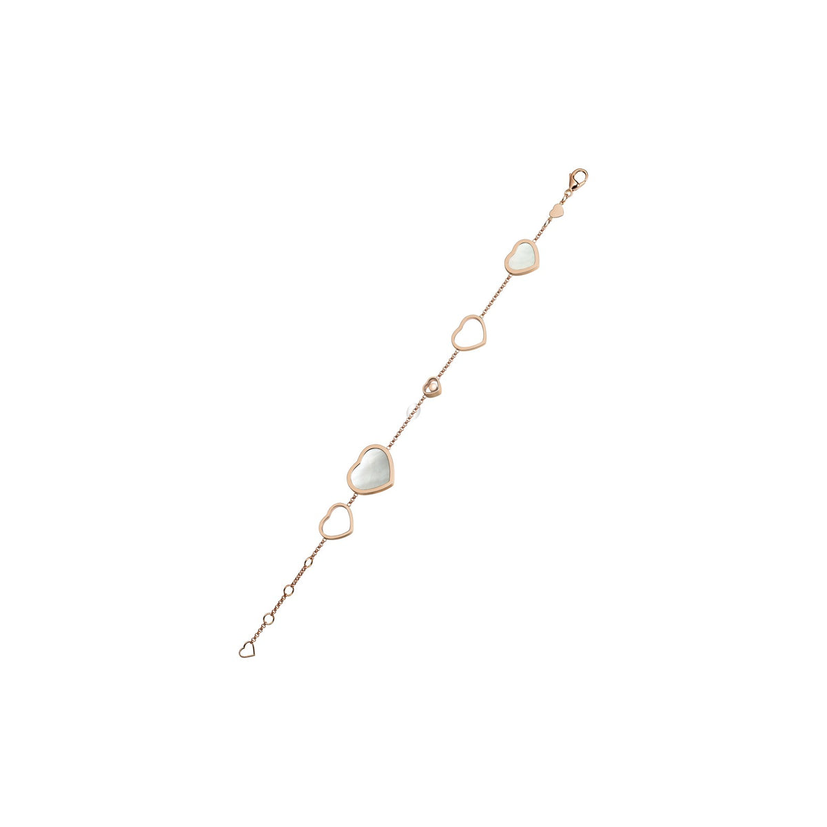 Chopard Happy Hearts bracelet in 18k ethical rose gold with moving diamonds and mother of pearl view 4