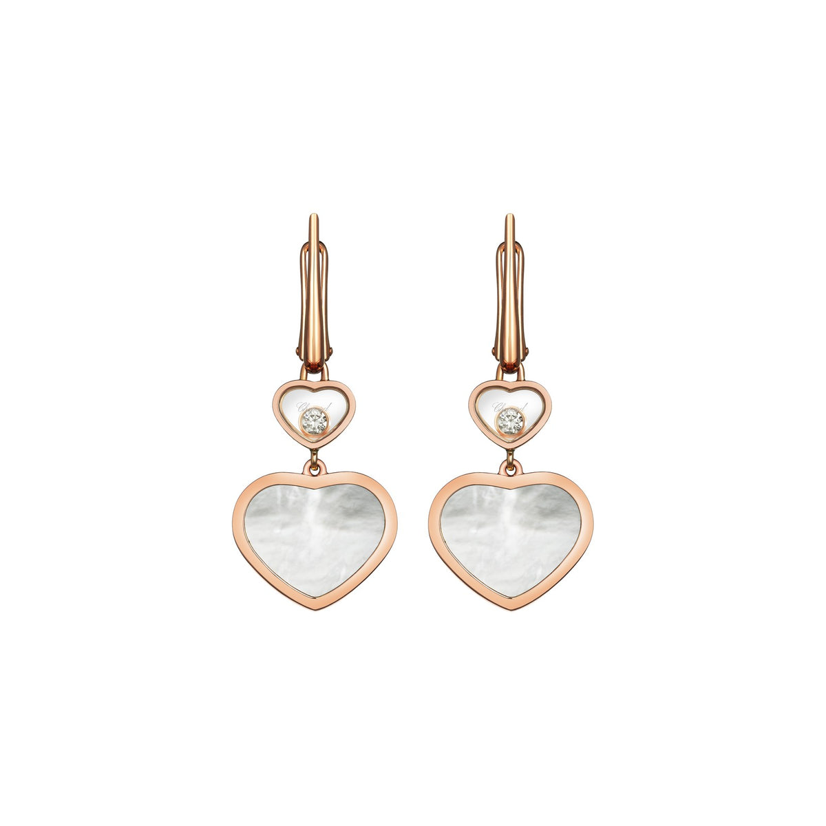 Chopard Happy Hearts earrings in 18k ethical rose gold with moving diamonds and mother of pearl view 3