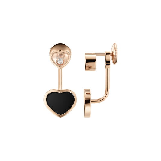 Chopard Happy Hearts earrings in 18k ethical rose gold with moving diamonds and onyx view 2