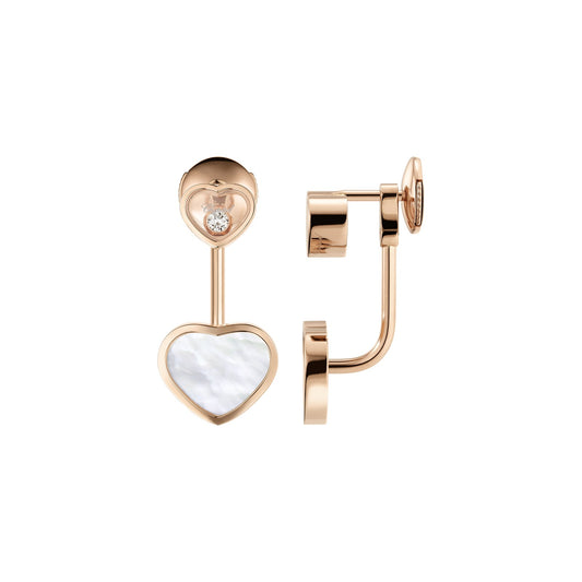 Chopard Happy Hearts earrings in 18k ethical rose gold with moving diamonds and mother of pearl view 2