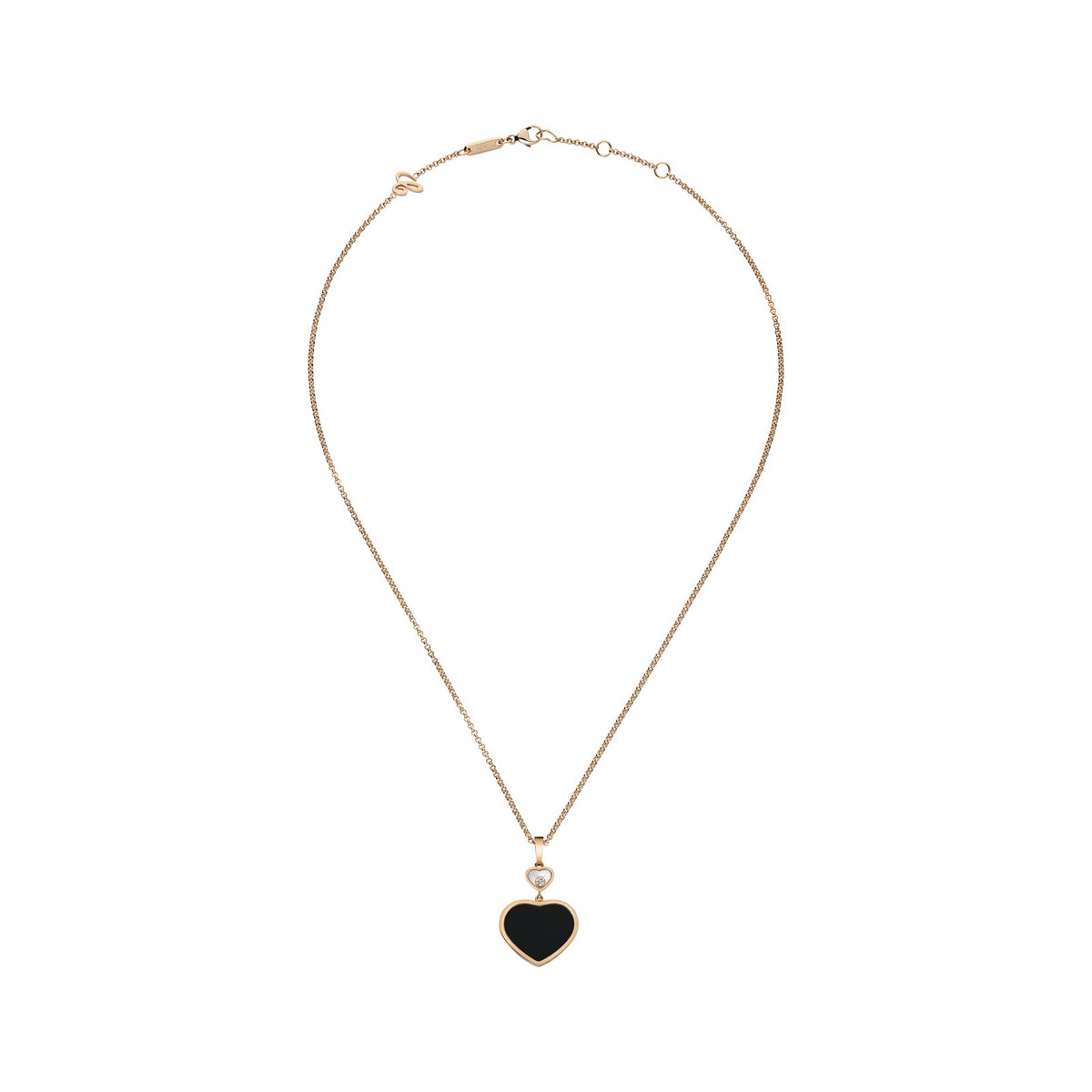 Chopard Happy Hearts pendant in 18k ethical rose gold with moving diamonds and onyx view 3