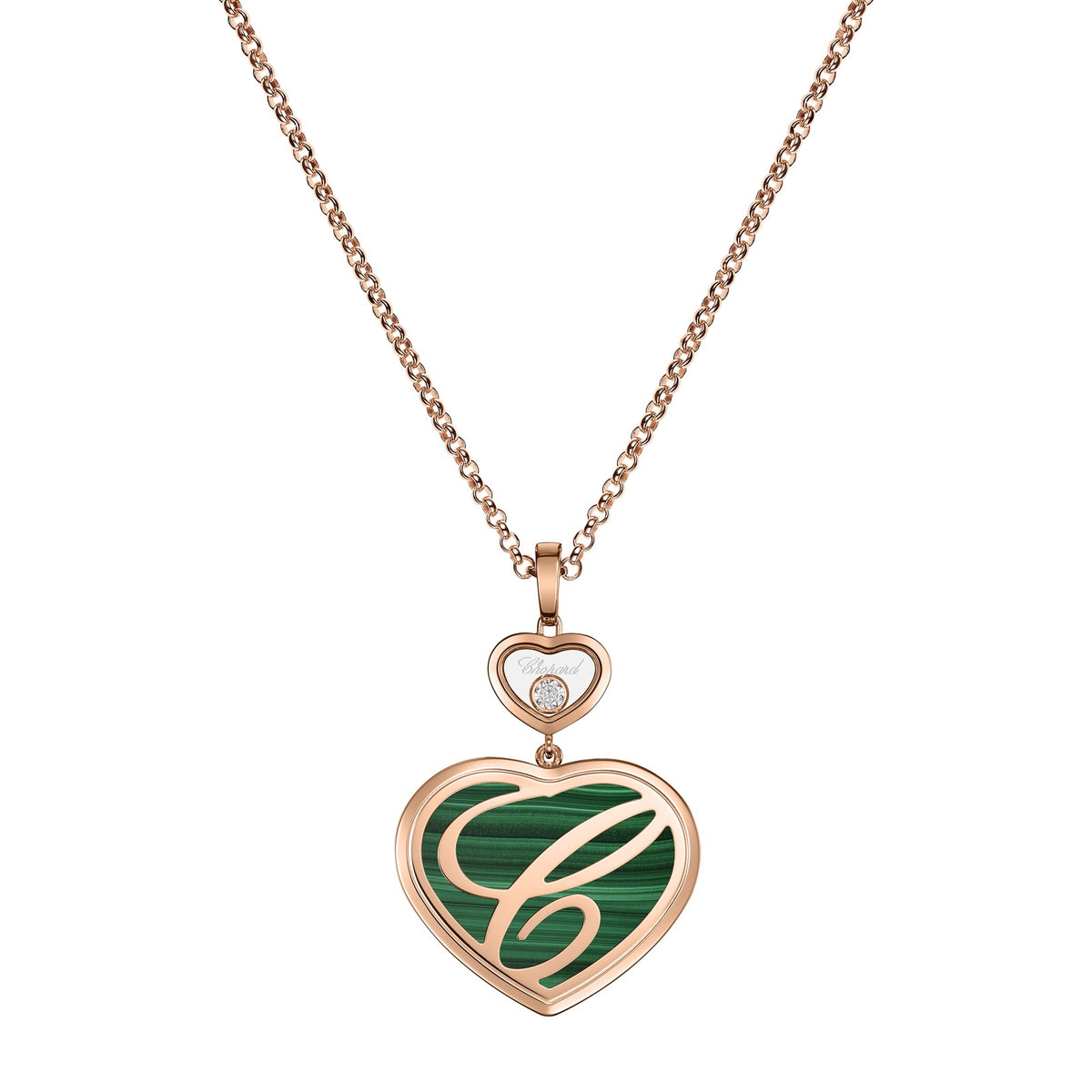 Chopard Happy Hearts pendant in 18k ethical rose gold with moving diamonds and malachite, view 4