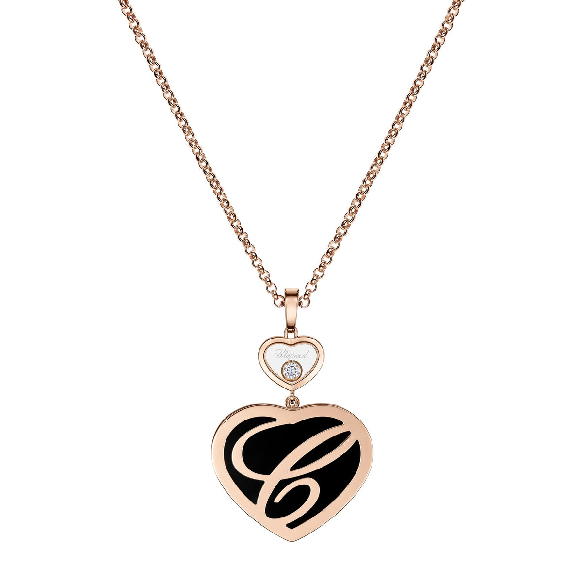 Chopard Happy Hearts pendant in 18k ethical rose gold with moving diamonds and onyx, view 4