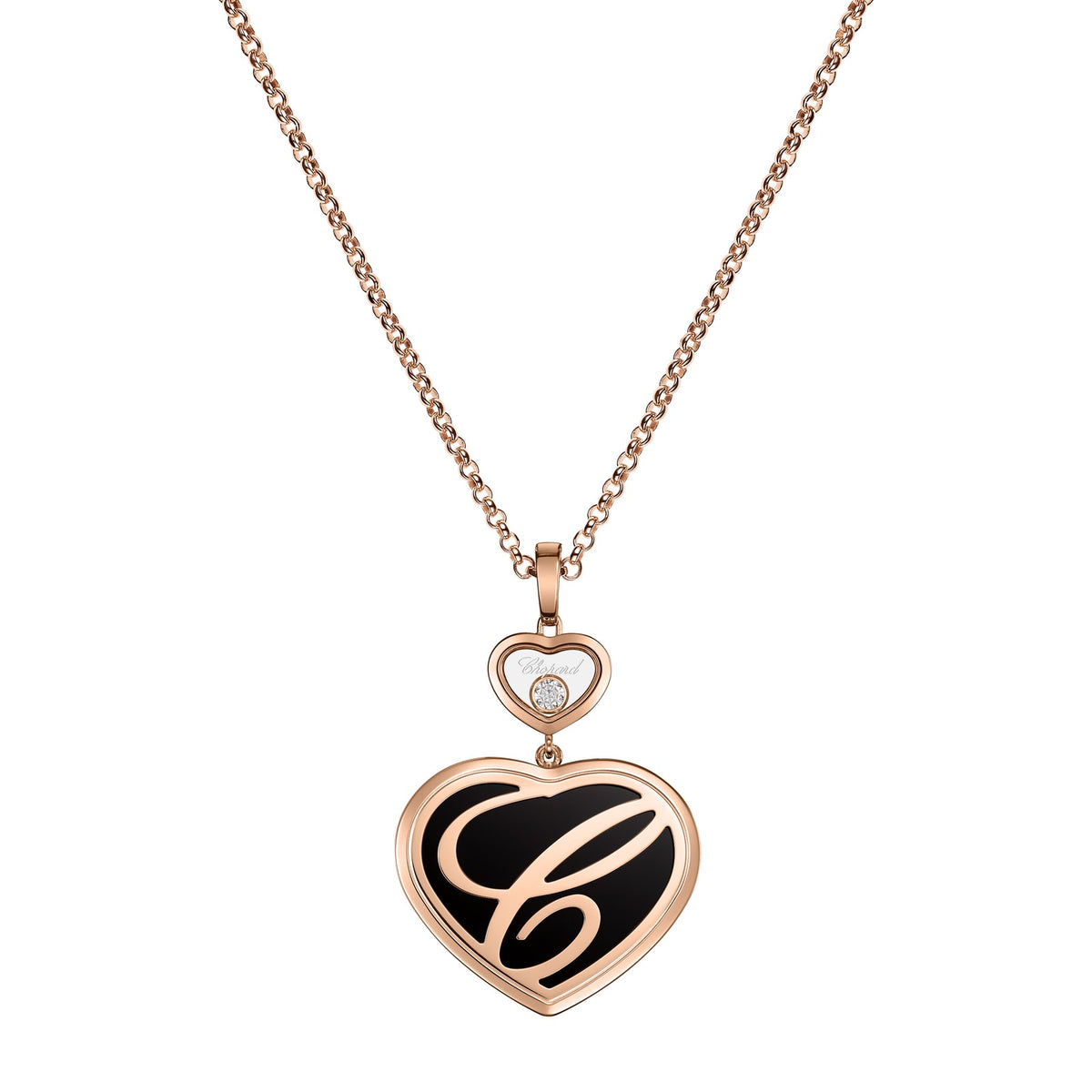Chopard Happy Hearts pendant in 18k ethical rose gold with moving diamonds and onyx, view 4