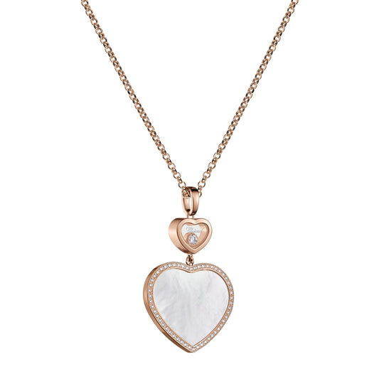 Chopard Happy Hearts pendant in 18k ethical rose gold with moving diamonds and mother of pearl, view 2