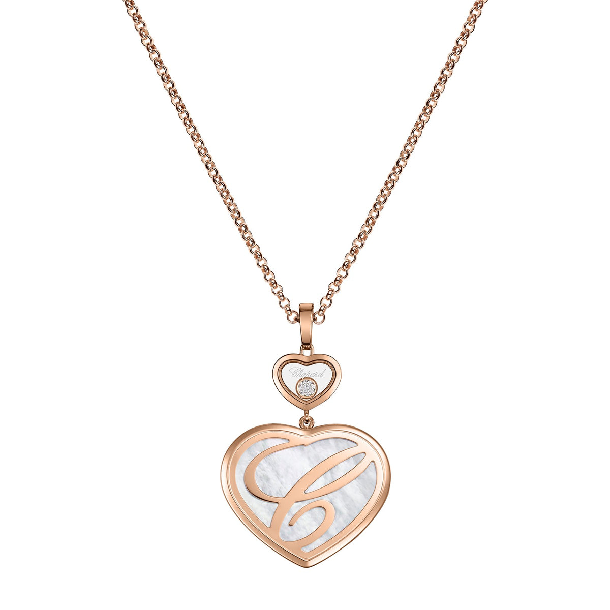 Chopard Happy Hearts pendant in 18k ethical rose gold with moving diamonds and mother of pearl, view 4