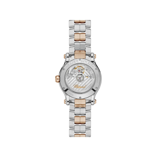 Chopard Happy Sport watch in 18k ethical rose gold and stainless steel with moving diamonds and sapphires, view 2