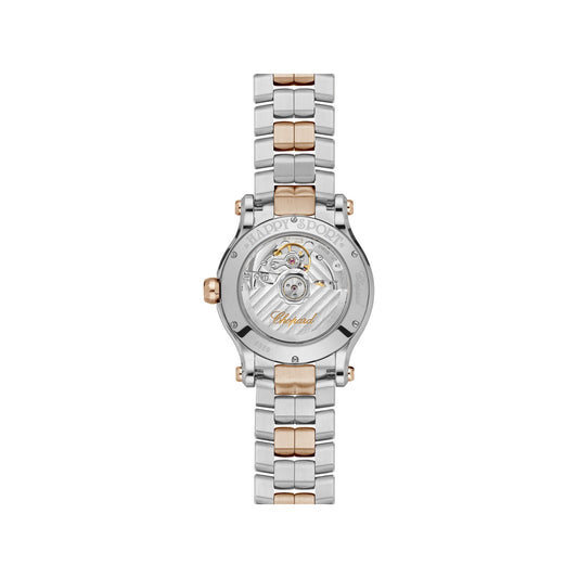 Chopard Happy Sport watch in 18k ethical rose gold and stainless steel with moving diamonds and sapphires, view 2