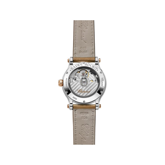 Chopard Happy Sport watch in 18k ethical rose gold and stainless steel with moving diamonds and tourmalines, view 2