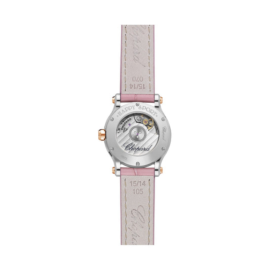 Chopard Happy Sport watch in 18k ethical rose gold and stainless steel with moving diamonds and sapphires, view 2