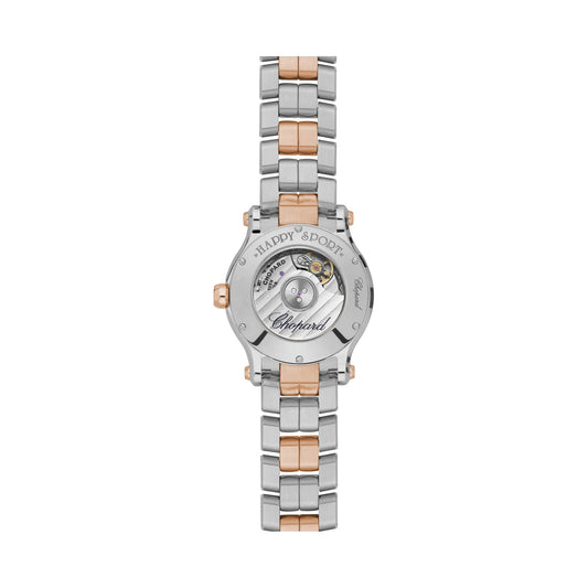Chopard Happy Sport watch in 18k ethical rose gold and stainless steel with moving diamonds and sapphires, view 2