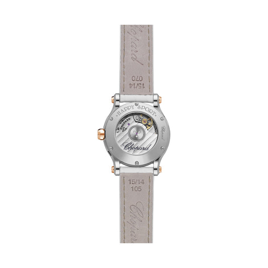 Chopard Happy Sport watch in 18k ethical rose gold and stainless steel with moving diamonds and sapphires, view 2