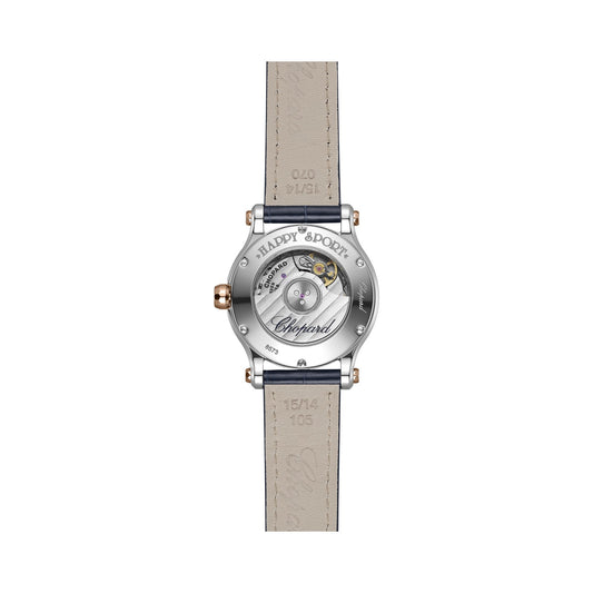 Chopard Happy Sport watch in 18k ethical rose gold and stainless steel with sapphires, view 2