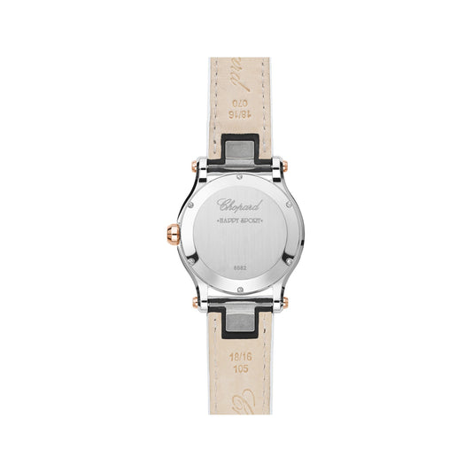 Chopard Happy Sport watch in 18k ethical rose gold and stainless steel with moving diamonds, sapphires and mother of pearl, view 2